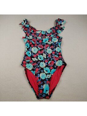 Tommy Hilfiger Floral One Piece Swimsuit Womens sz 10 Ruffle Top